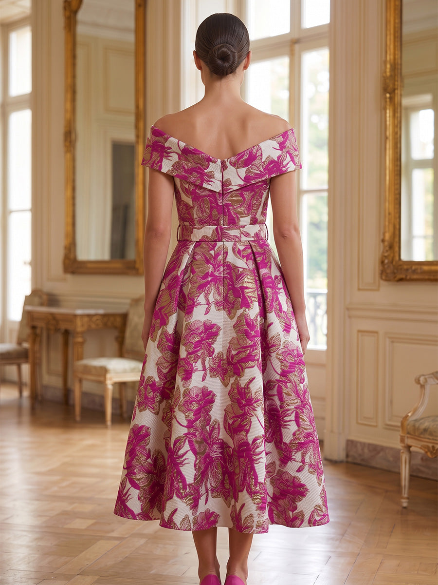 A-Line/Princess Off-the-Shoulder Jacquard Cocktail Dresses Floral Sleeveless Tea-Length Belt Party Dresses