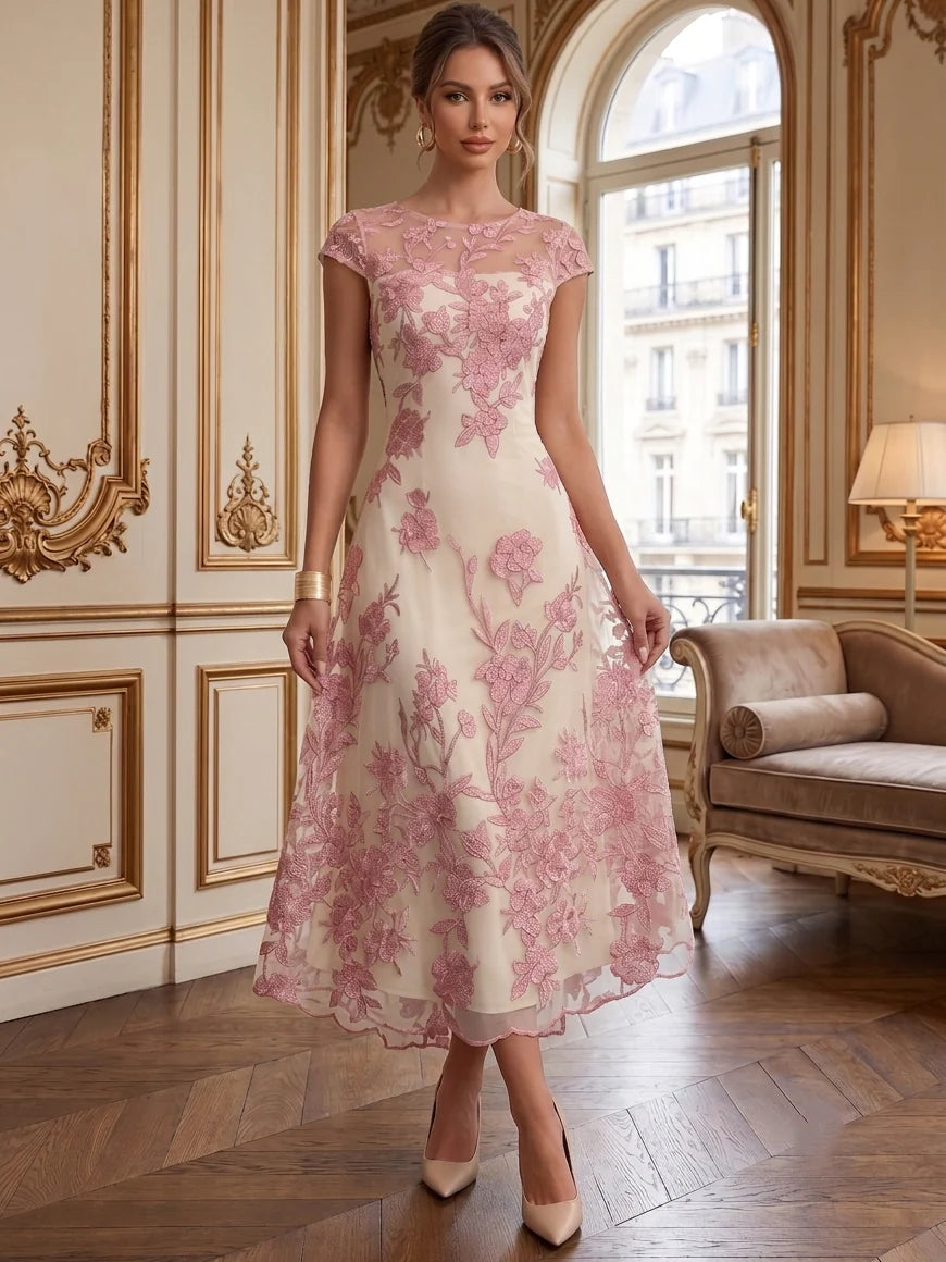 A-Line/Princess Scoop Lace Cocktail Dresses Floral Short Sleeves Tea-Length Party Dresses