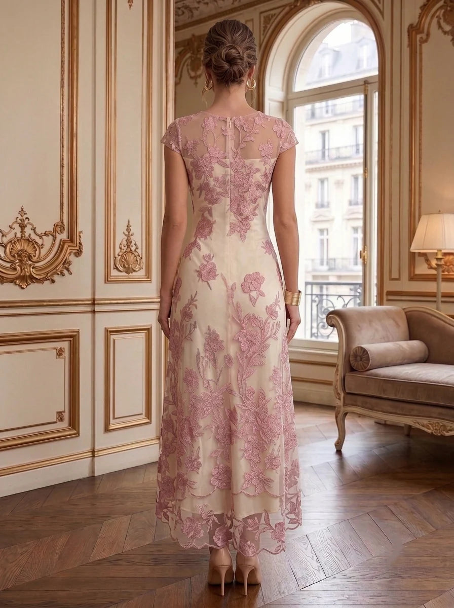 A-Line/Princess Scoop Lace Cocktail Dresses Floral Short Sleeves Tea-Length Party Dresses