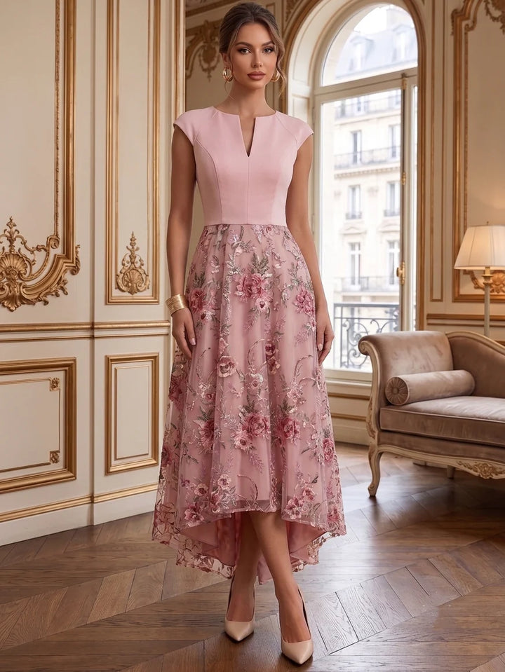 A-Line/Princess Scoop Lace Satin Cocktail Dresses Floral Short Sleeves Tea-Length High-Low Party Dresses