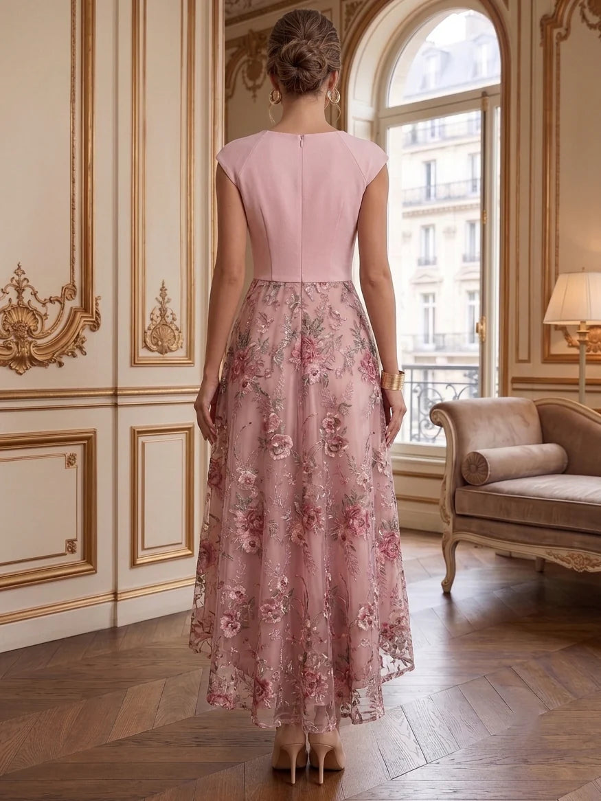 A-Line/Princess Scoop Lace Satin Cocktail Dresses Floral Short Sleeves Tea-Length High-Low Party Dresses