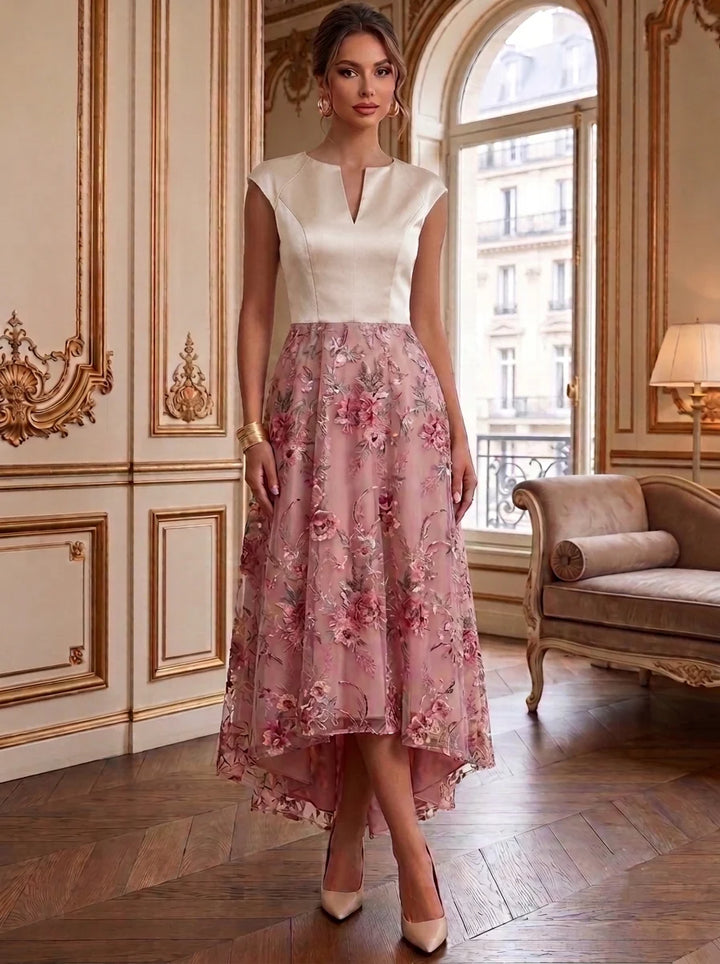 A-Line/Princess Scoop Lace Satin Cocktail Dresses Floral Short Sleeves Tea-Length High-Low Party Dresses