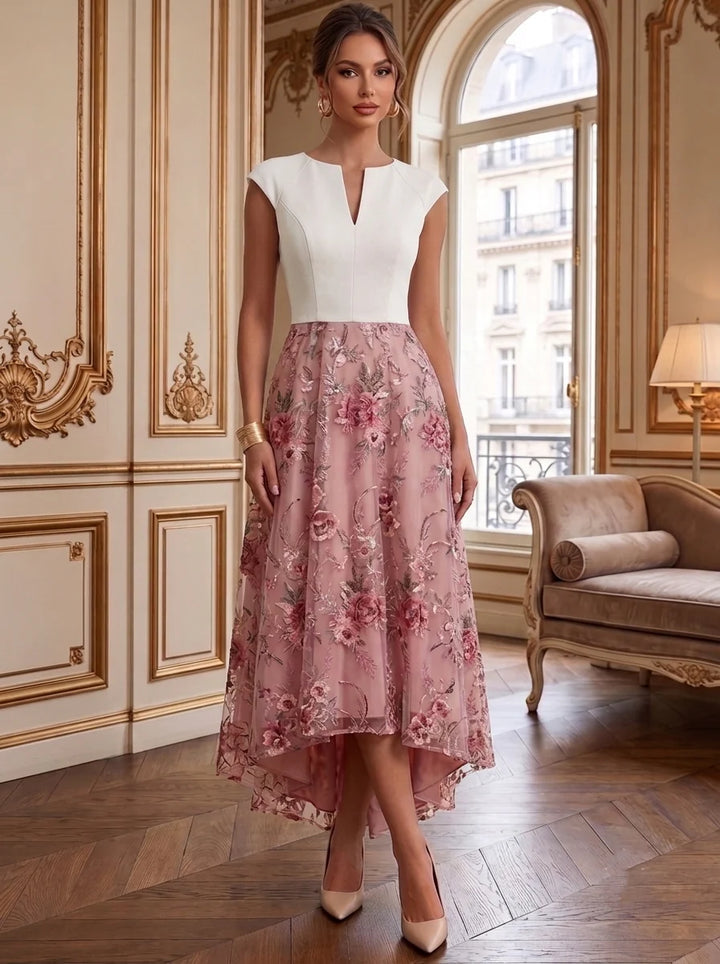 A-Line/Princess Scoop Lace Satin Cocktail Dresses Floral Short Sleeves Tea-Length High-Low Party Dresses