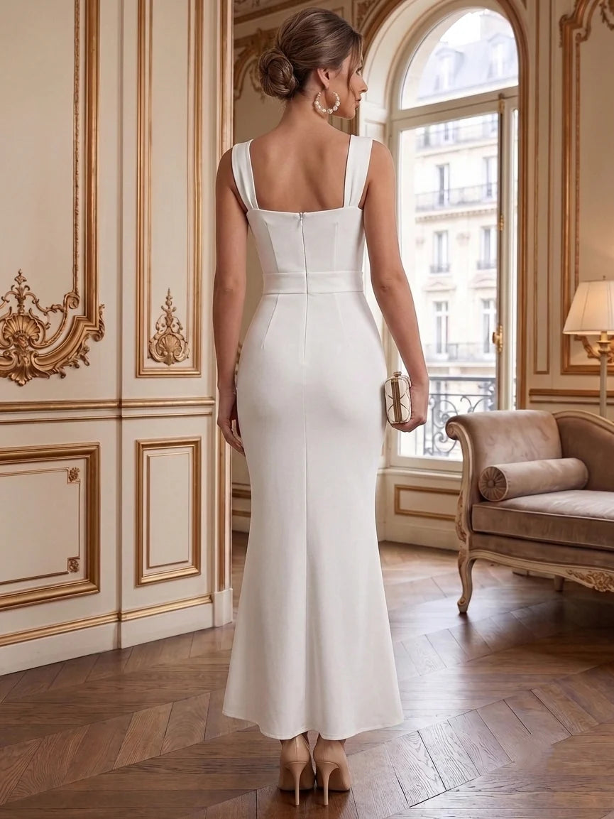 Sheath/Column Square Neck Stretch Satin Cocktail Dresses with Bowknot Sleeveless Tea-Length Lace Formal Dresses