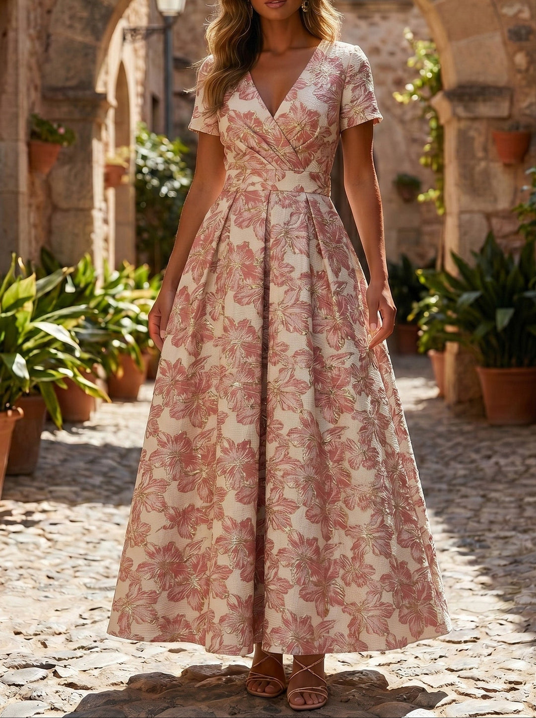 A-Line/Princess V-Neck Jacquard Formal Dresses Ankle-Length Short Sleeves Evening Dresses