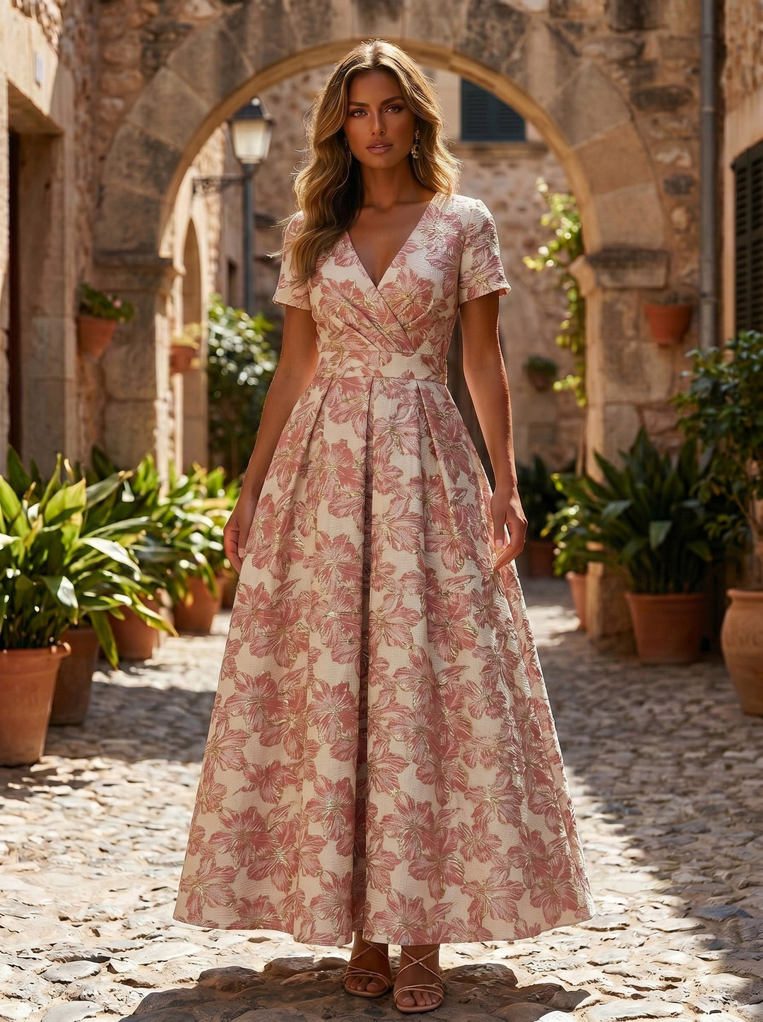 A-Line/Princess V-Neck Jacquard Formal Dresses Ankle-Length Short Sleeves Evening Dresses