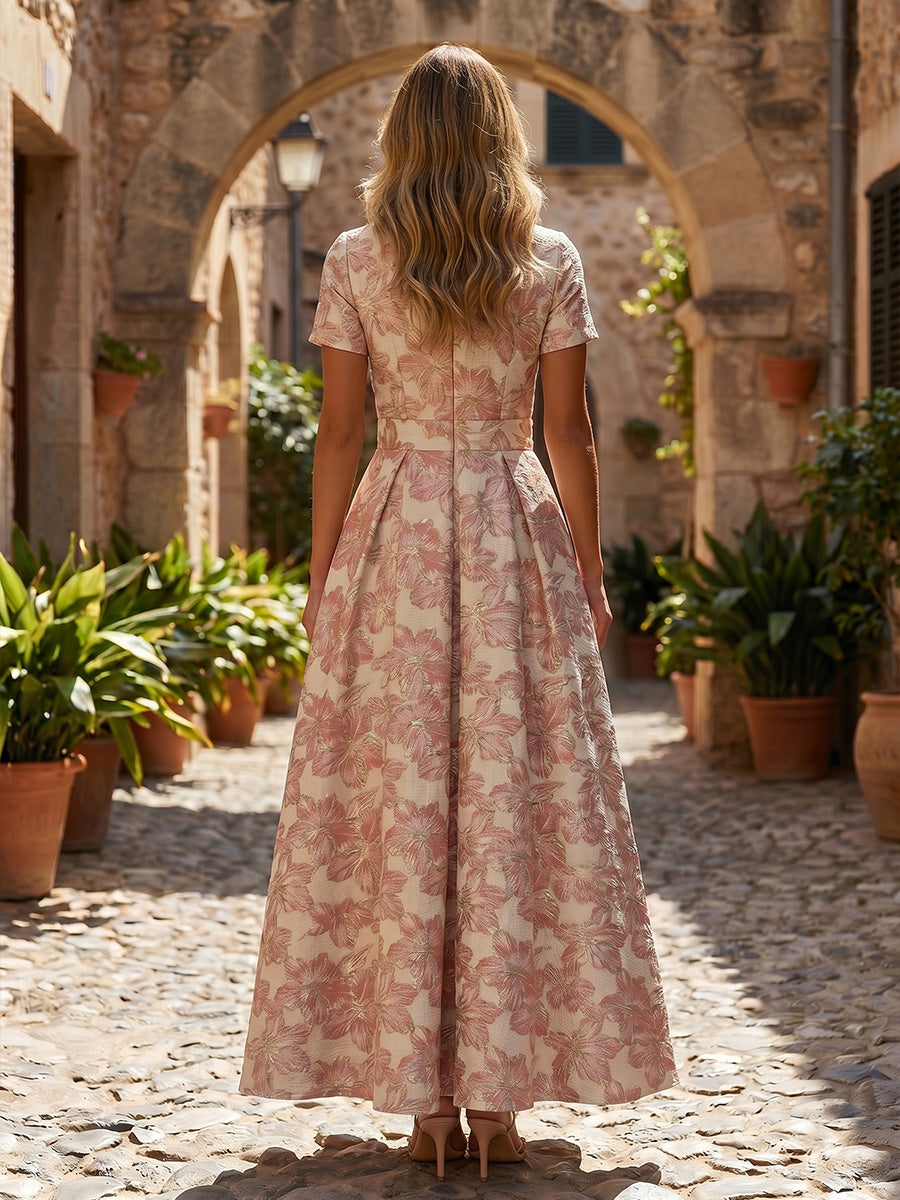 A-Line/Princess V-Neck Jacquard Formal Dresses Ankle-Length Short Sleeves Evening Dresses