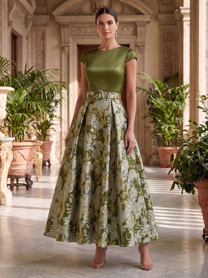 A-Line/Princess Scoop Satin Cocktail Dresses Floral Short Sleeves Ankle-Length Party Dresses with Belt