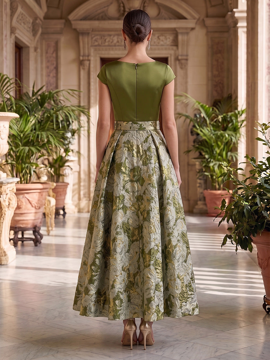 A-Line/Princess Scoop Satin Cocktail Dresses Floral Short Sleeves Ankle-Length Party Dresses with Belt
