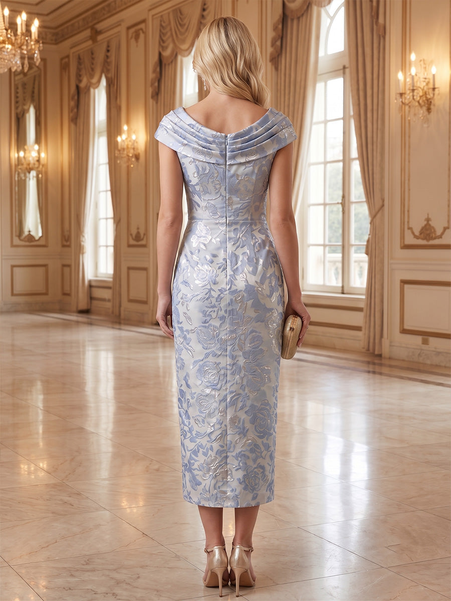 Sheath/Column Scoop Jacquard Cocktail Dresses Floral Sleeveless Ankle-Length Party Dresses with Split Side