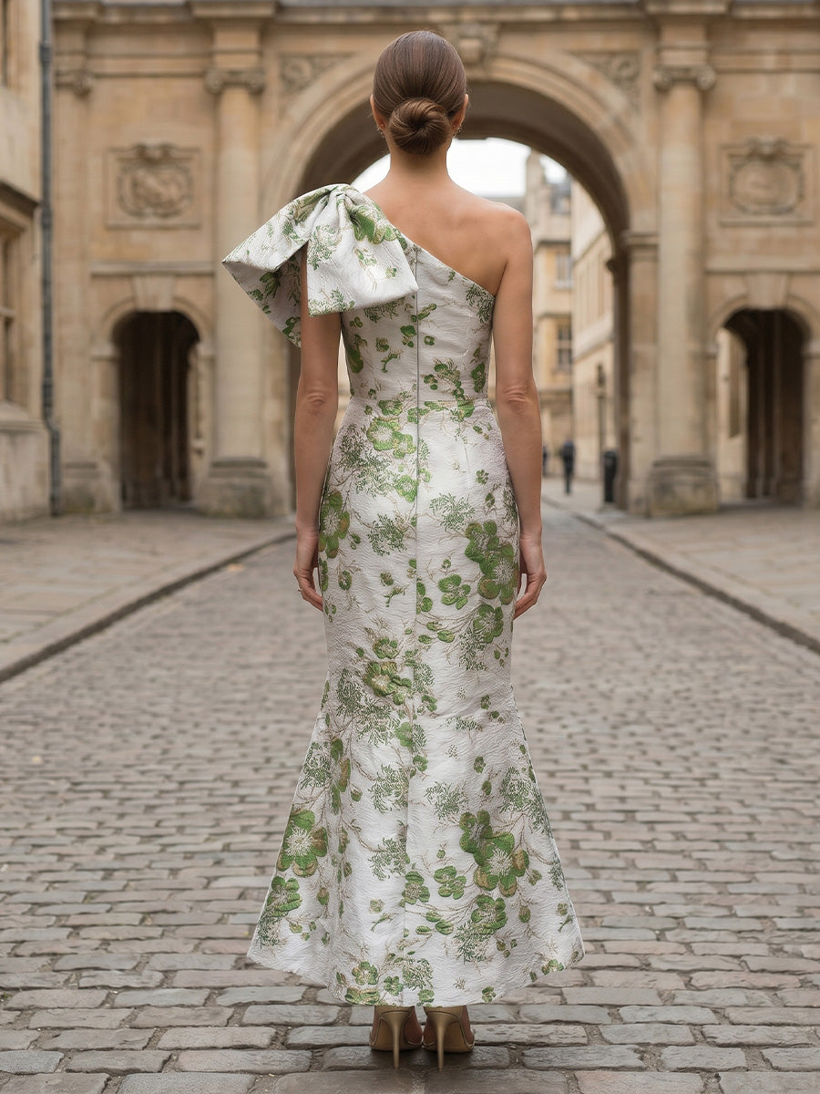 Sheath/Column One-Shoulder Jacquard Cocktail Dresses Floral Sleeveless Ankle-Length Party Dresses with Bowknot
