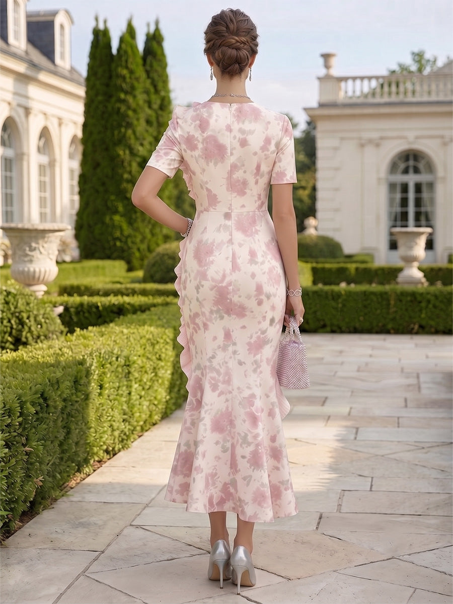 Trumpet/Mermaid Scoop Formal Dresses Tea-Length Short Sleeves Evening Dresses with Ruffles