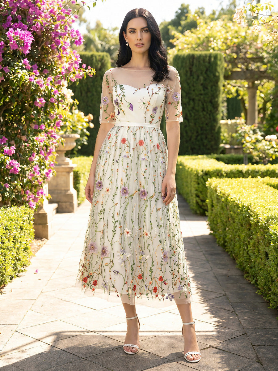 A-Line/Princess Scoop Floral Lace Cocktail Dresses Short Sleeves Tea-Length Party Dresses