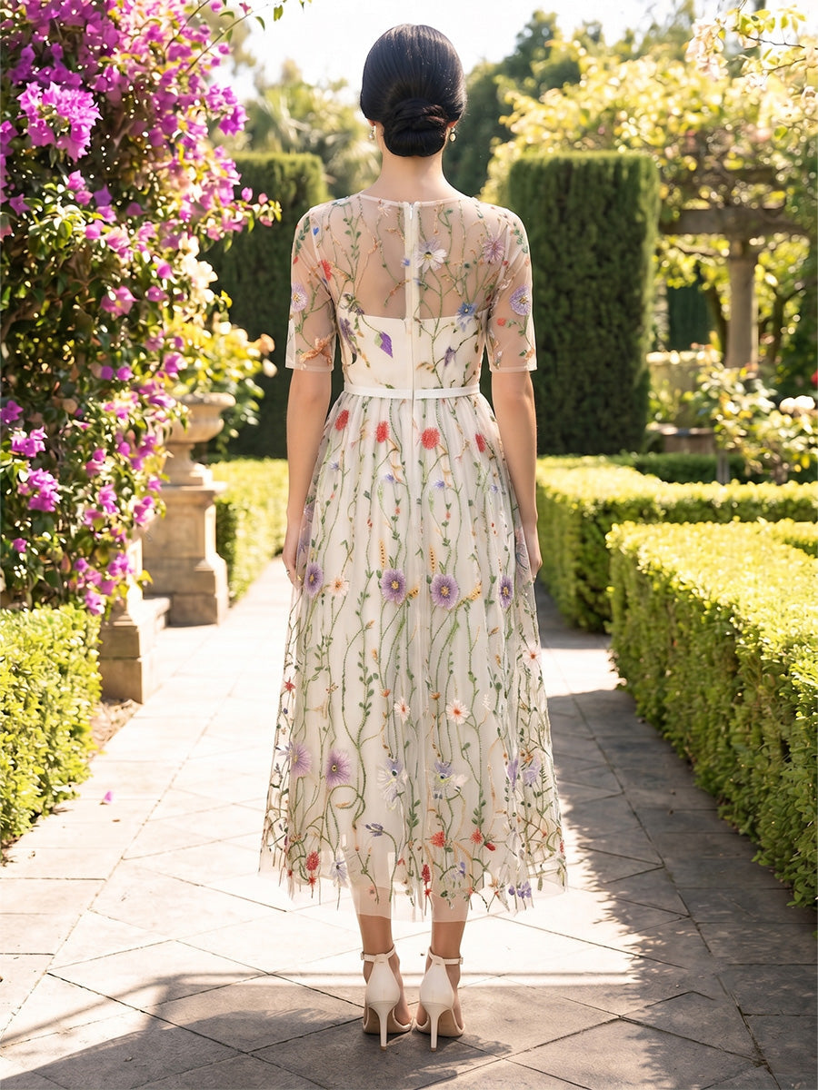 A-Line/Princess Scoop Floral Lace Cocktail Dresses Short Sleeves Tea-Length Party Dresses