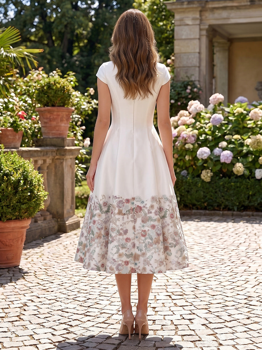 A-Line/Princess Scoop Floral Satin Cocktail Dresses Short Sleeves Tea-Length Party Dresses
