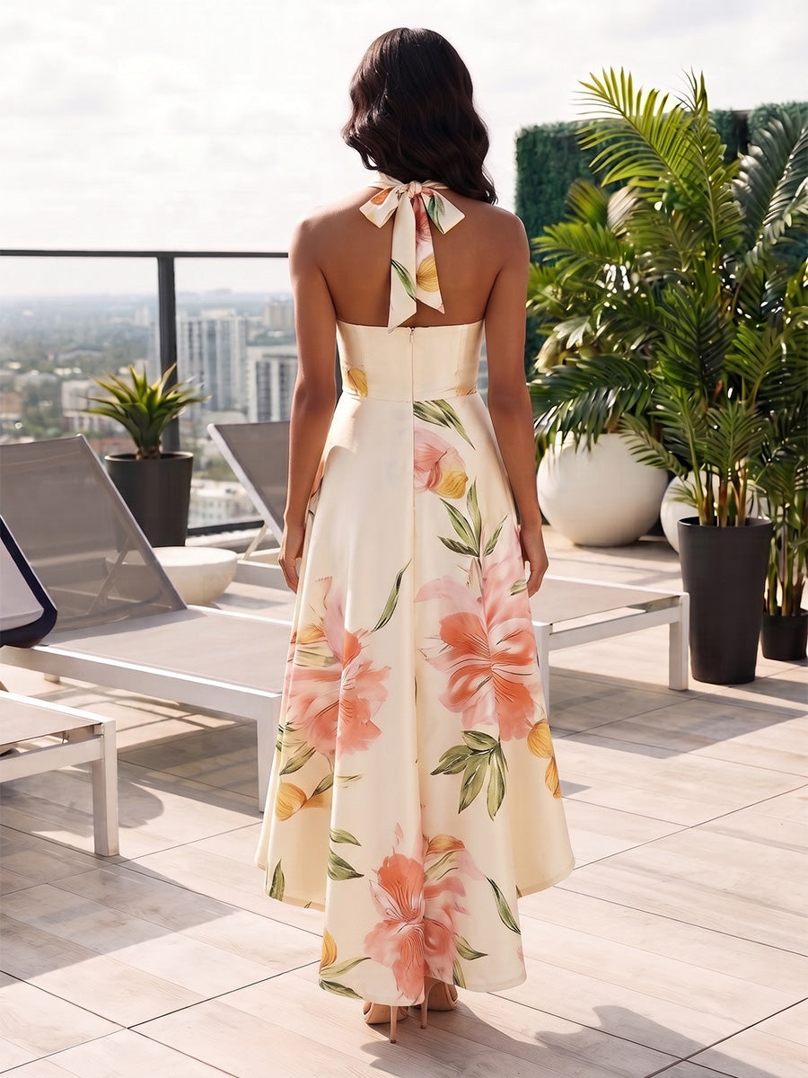 A-Line/Princess Halter Floral Satin Cocktail Dresses Sleeveless Tea-Length High-Low Party Dresses