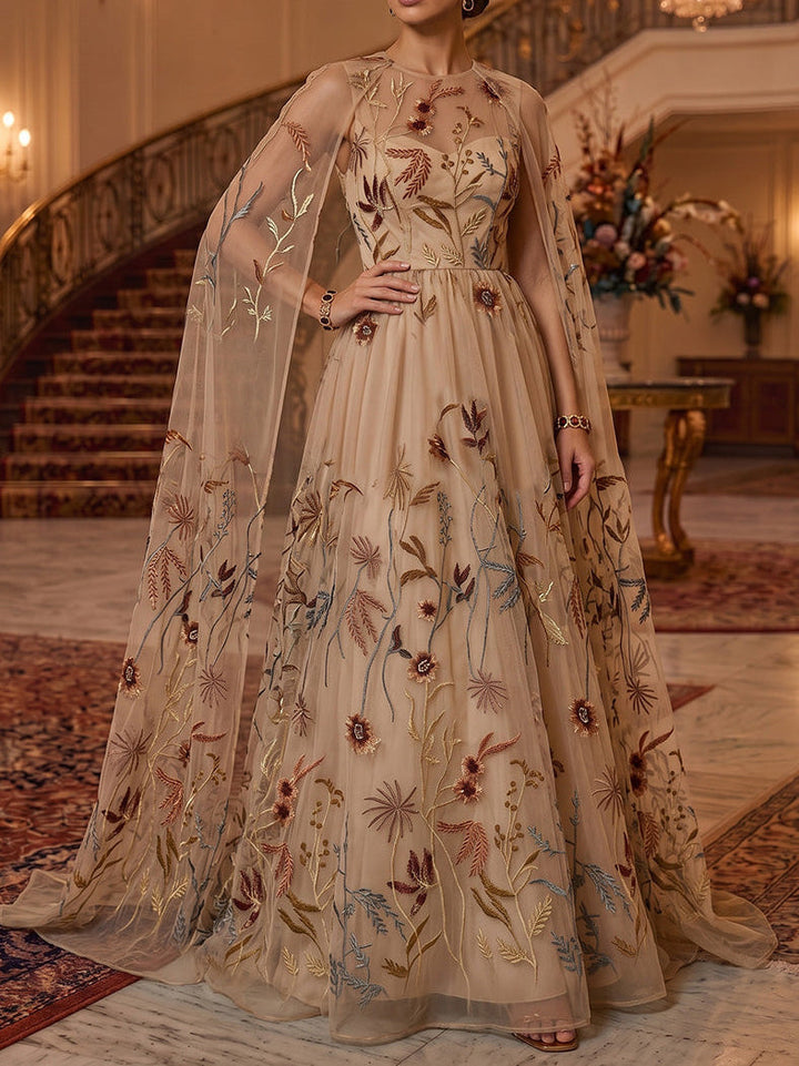 A-Line/Princess Scoop Evening Dresses Lace Embroidery Floor-Length Cape Sleeves Formal Dresses