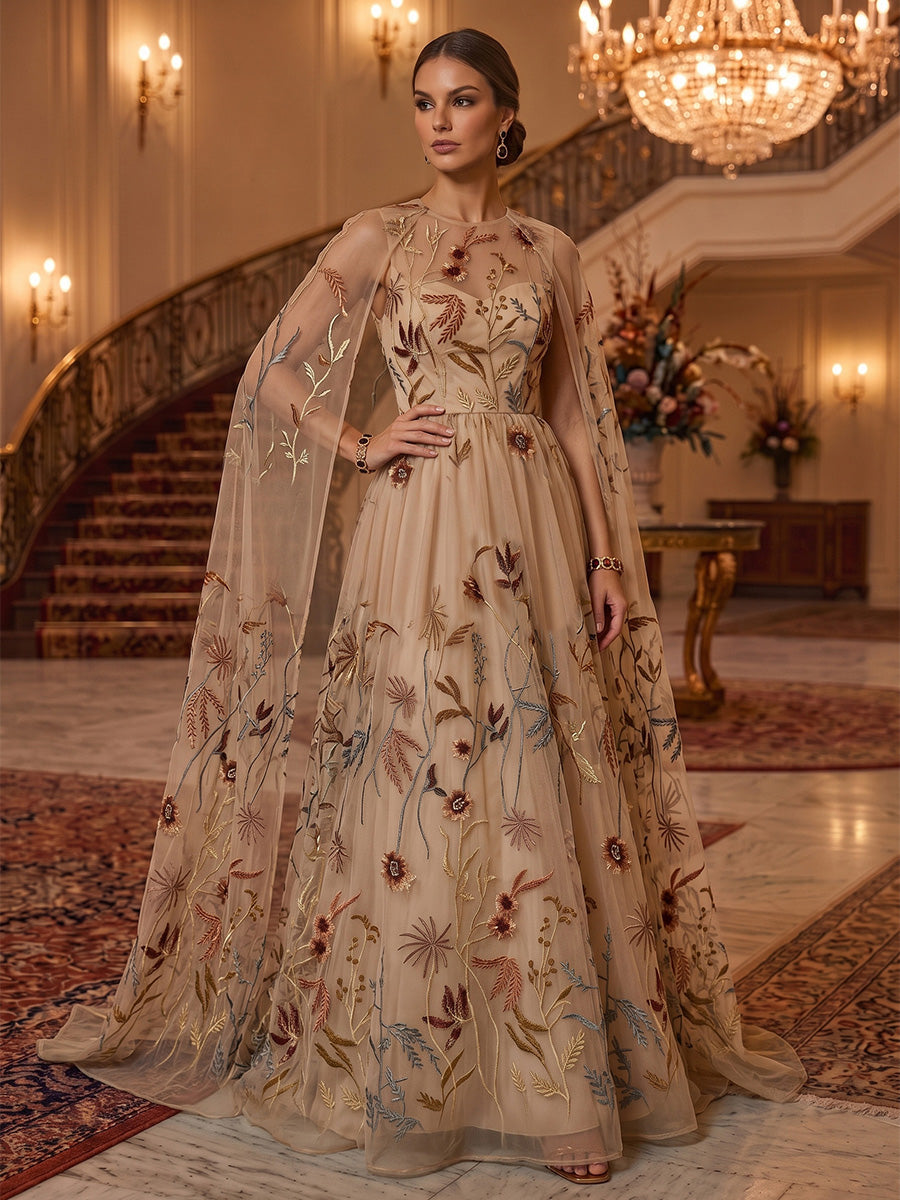 A-Line/Princess Scoop Evening Dresses Lace Embroidery Floor-Length Cape Sleeves Formal Dresses