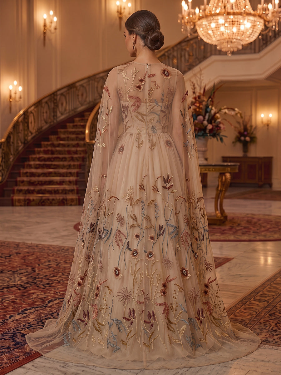 A-Line/Princess Scoop Evening Dresses Lace Embroidery Floor-Length Cape Sleeves Formal Dresses