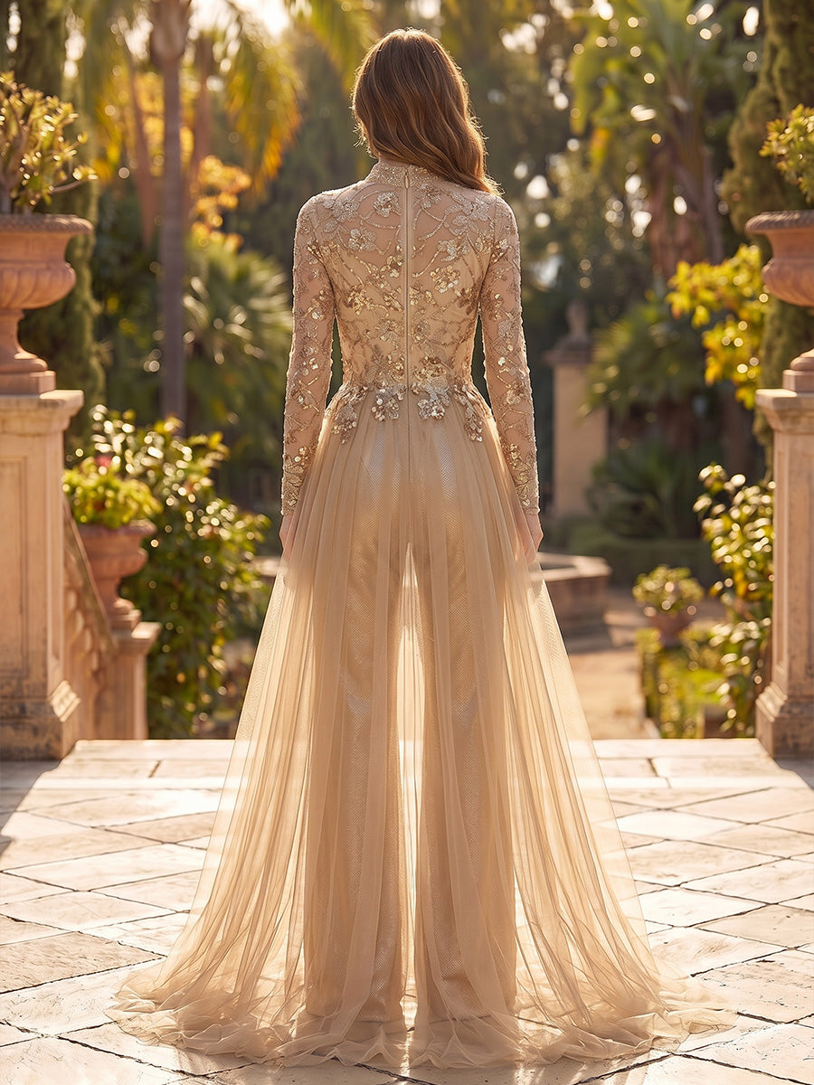 Jumpsuit Mock Neck Sequins Cocktail Dresses Long Sleeves Floor-Length Party Dresses