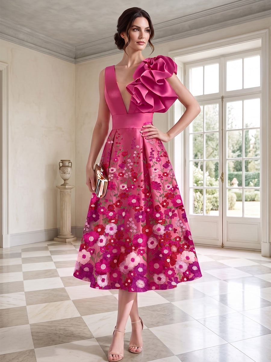 A-Line/Princess V-Neck Floral Satin Cocktail Dresses Sleeveless Tea-Length Party Dresses