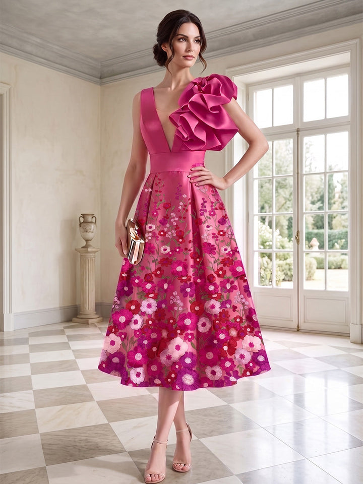 A-Line/Princess V-Neck Floral Satin Cocktail Dresses Sleeveless Tea-Length Party Dresses