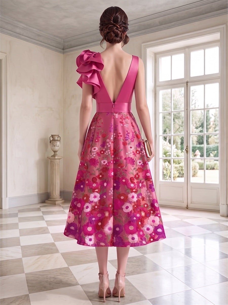 A-Line/Princess V-Neck Floral Satin Cocktail Dresses Sleeveless Tea-Length Party Dresses