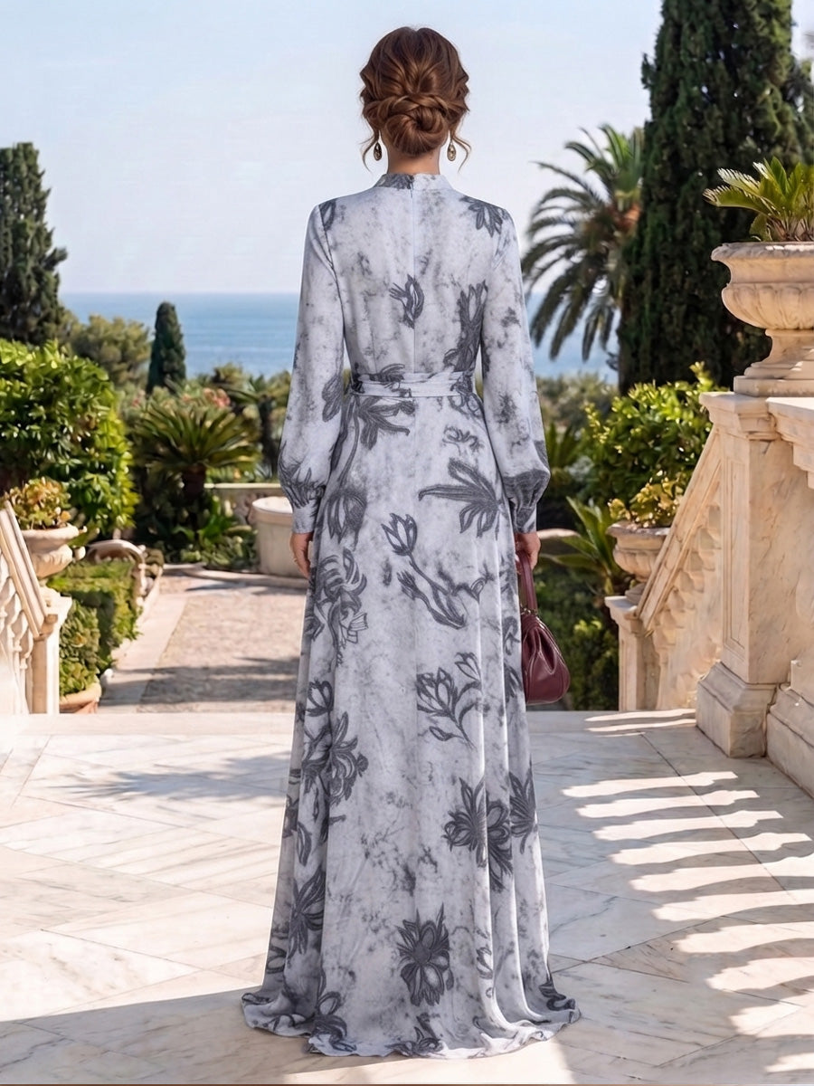 A-Line/Princess V-Neck Chiffon Formal Dresses Ankle-Length Long Sleeves Evening Dresses Floral