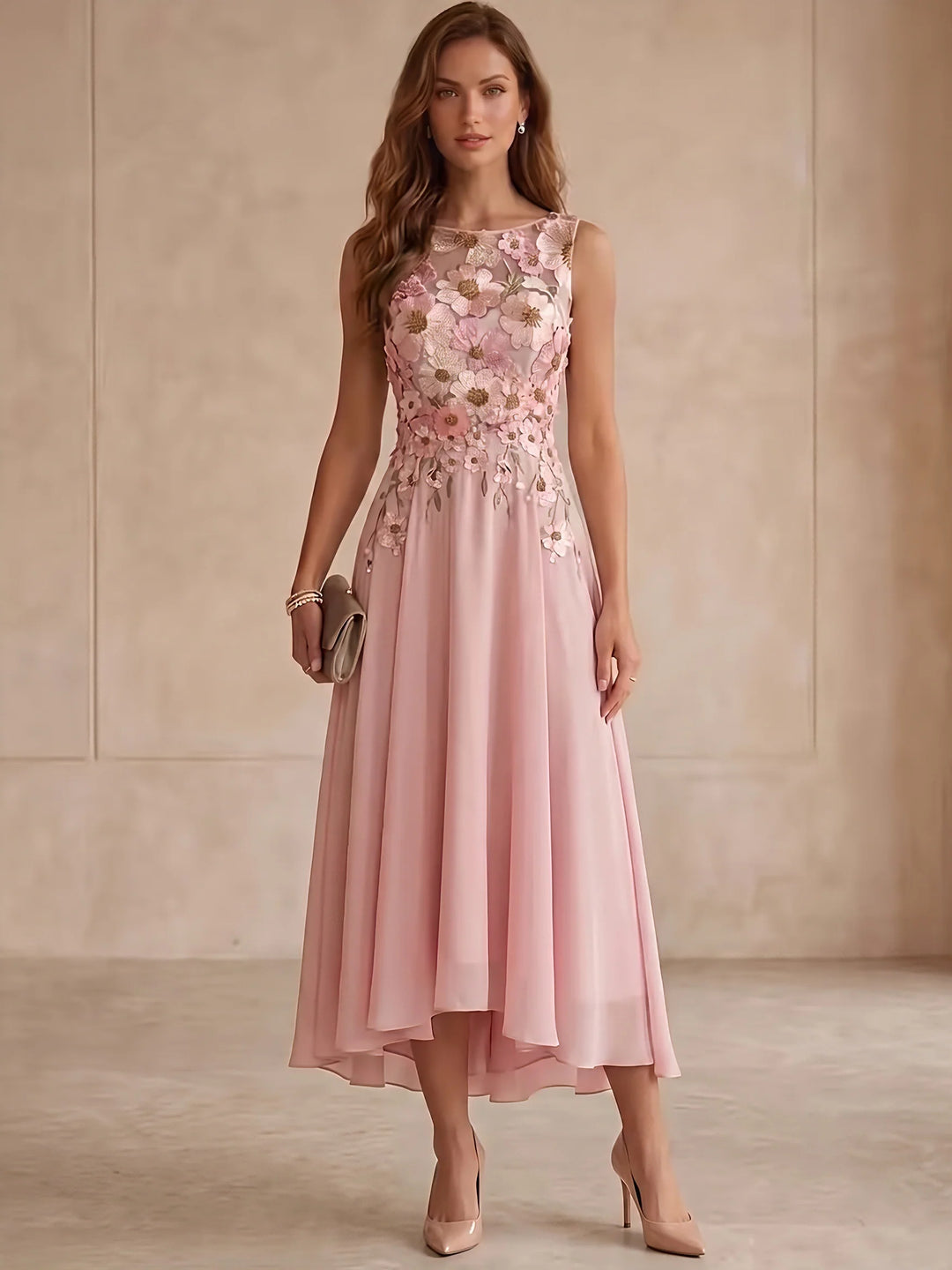 A-Line/Princess Scoop Floral Embroidery Cocktail Dresses Sleeveless Tea-Length Party Dresses