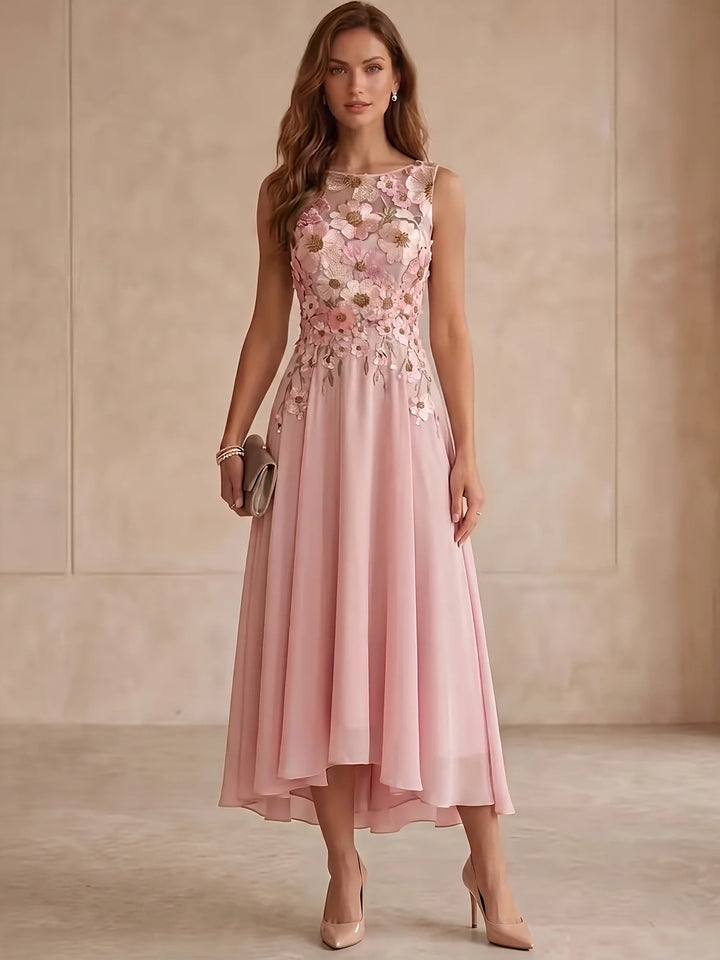 A-Line/Princess Scoop Floral Embroidery Cocktail Dresses Sleeveless Tea-Length Party Dresses