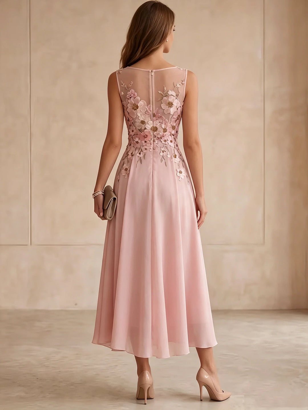 A-Line/Princess Scoop Floral Embroidery Cocktail Dresses Sleeveless Tea-Length Party Dresses