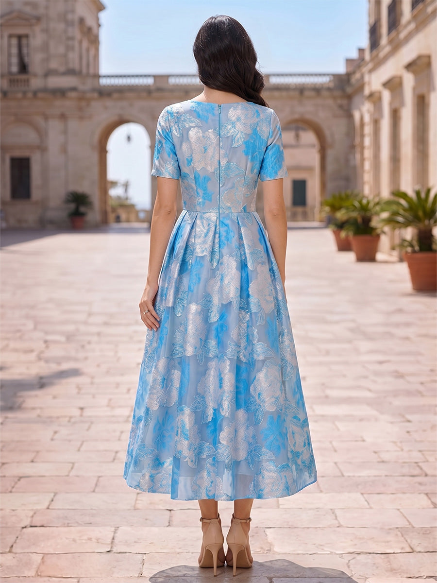 A-Line/Princess Scoop Floral Jacquard Cocktail Dresses Short Sleeves Tea-Length Party Dresses