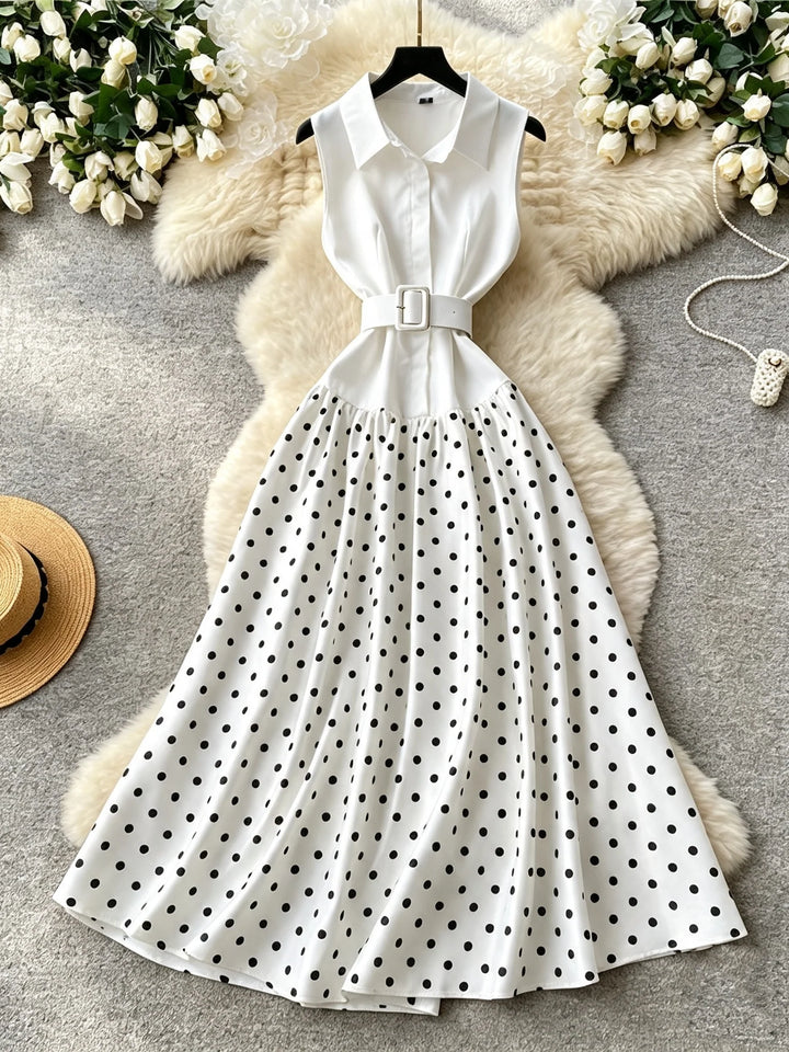A-Line/Princess  Polka Dot Shirt Collar Wedding Guest Dresses Tea-Length Sleeveless with Belt