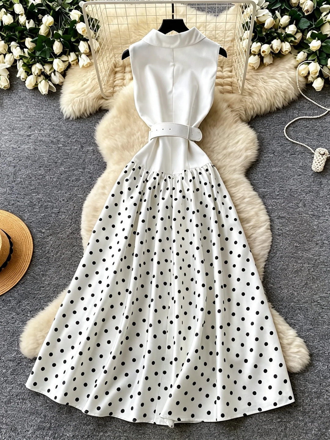 A-Line/Princess  Polka Dot Shirt Collar Wedding Guest Dresses Tea-Length Sleeveless with Belt