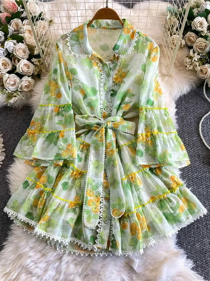 A-Line/Princess Shirt Collar Floral Wedding Guest Dresses Short/Mini Long Sleeves with Belt