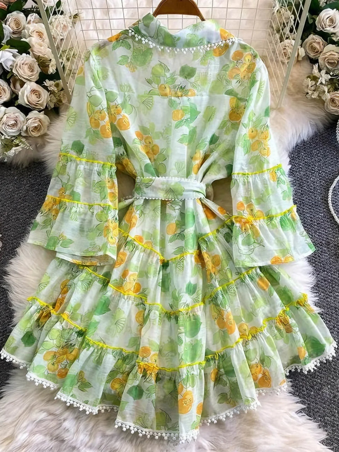 A-Line/Princess Shirt Collar Floral Wedding Guest Dresses Short/Mini Long Sleeves with Belt