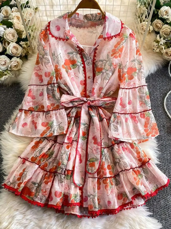 A-Line/Princess Shirt Collar Floral Wedding Guest Dresses Short/Mini Long Sleeves with Belt
