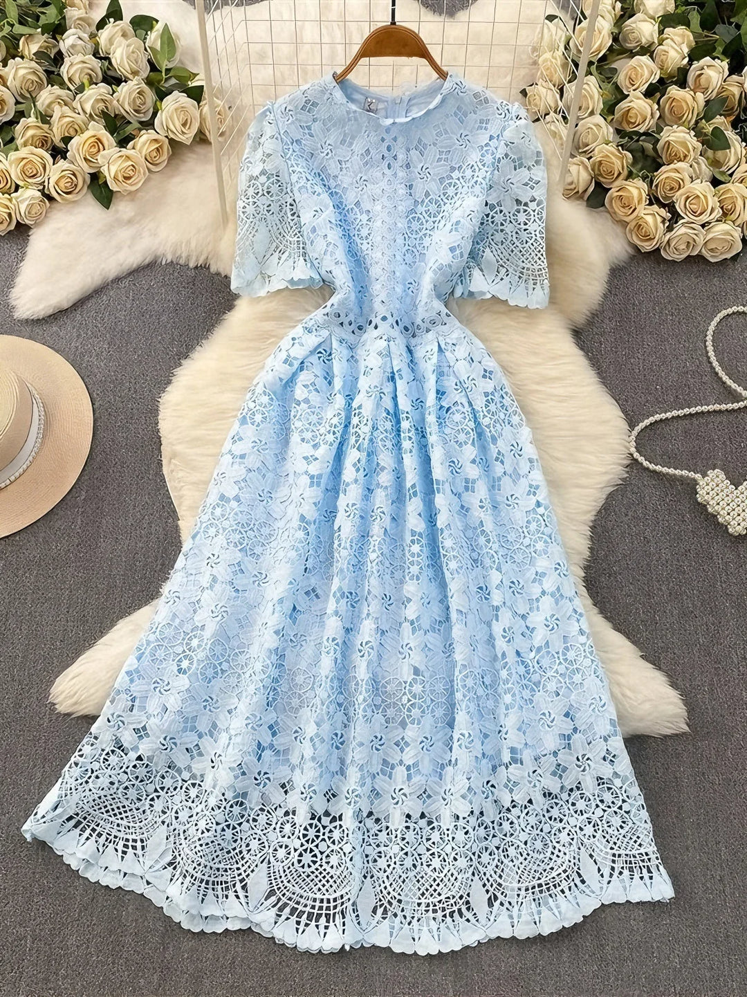 A-Line/Princess Scoop Floral Lace Wedding Guest Dresses Tea-Length Short Sleeves