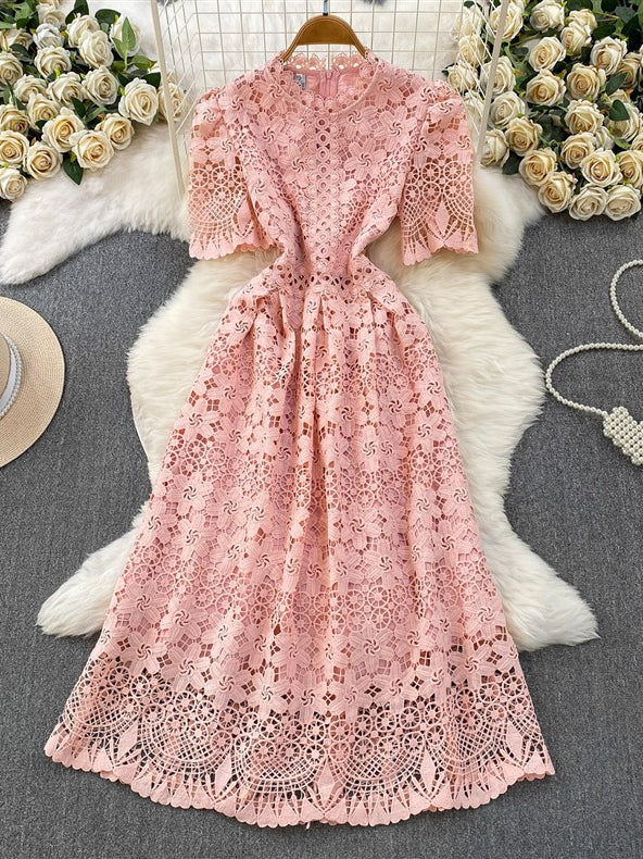 A-Line/Princess Scoop Floral Lace Wedding Guest Dresses Tea-Length Short Sleeves
