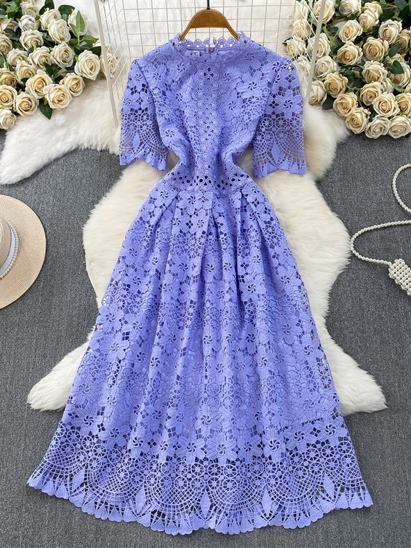 A-Line/Princess Scoop Floral Lace Wedding Guest Dresses Tea-Length Short Sleeves