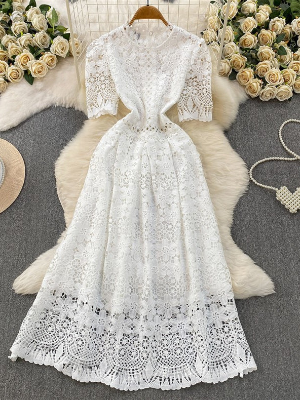 A-Line/Princess Scoop Floral Lace Wedding Guest Dresses Tea-Length Short Sleeves
