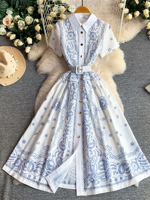 A-Line/Princess Shirt Collar Floral Wedding Guest Dresses Tea-Length Short Sleeves with Belt