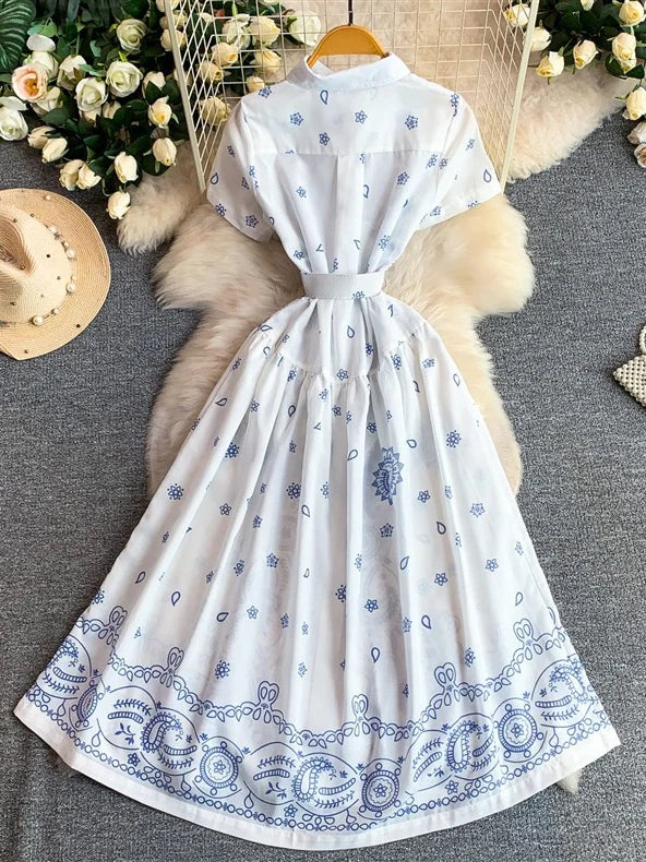 A-Line/Princess Shirt Collar Floral Wedding Guest Dresses Tea-Length Short Sleeves with Belt