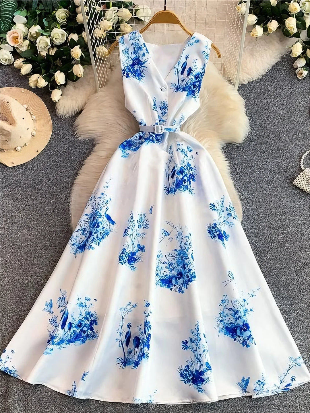 A-Line/Princess V-Neck Floral Wedding Guest Dresses Tea-Length Sleeveless with Belt