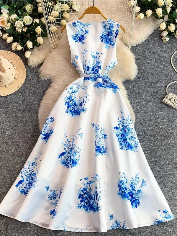 A-Line/Princess V-Neck Floral Wedding Guest Dresses Tea-Length Sleeveless with Belt