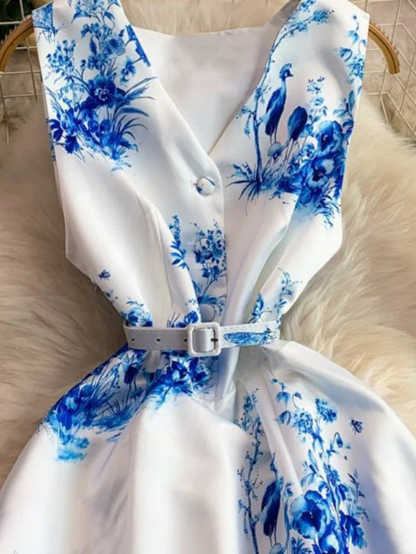 A-Line/Princess V-Neck Floral Wedding Guest Dresses Tea-Length Sleeveless with Belt