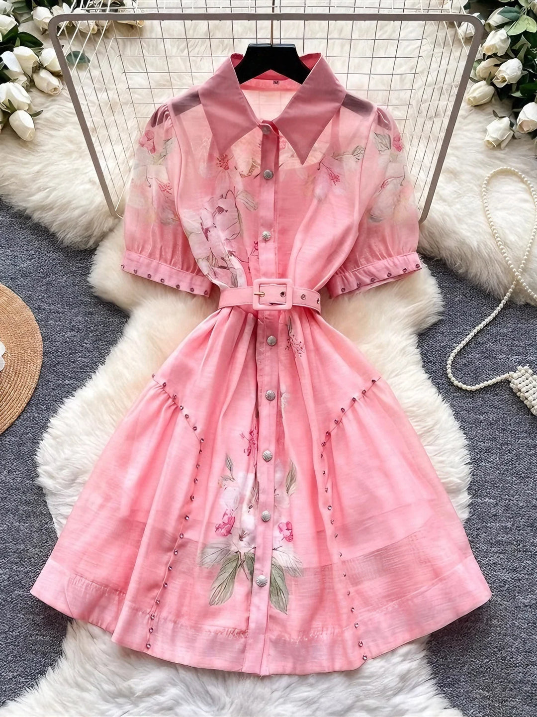 A-Line/Princess Shirt Collar Floral Wedding Guest Dresses Knee-Length Short Sleeves with Belt