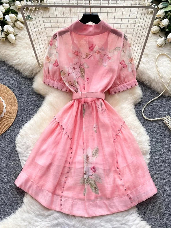 A-Line/Princess Shirt Collar Floral Wedding Guest Dresses Knee-Length Short Sleeves with Belt
