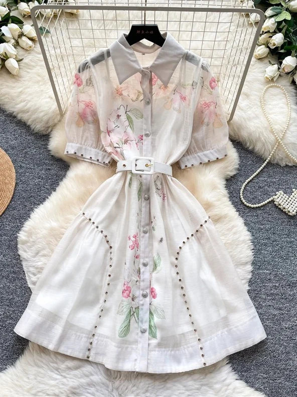 A-Line/Princess Shirt Collar Floral Wedding Guest Dresses Knee-Length Short Sleeves with Belt