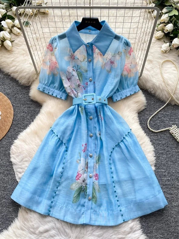 A-Line/Princess Shirt Collar Floral Wedding Guest Dresses Knee-Length Short Sleeves with Belt